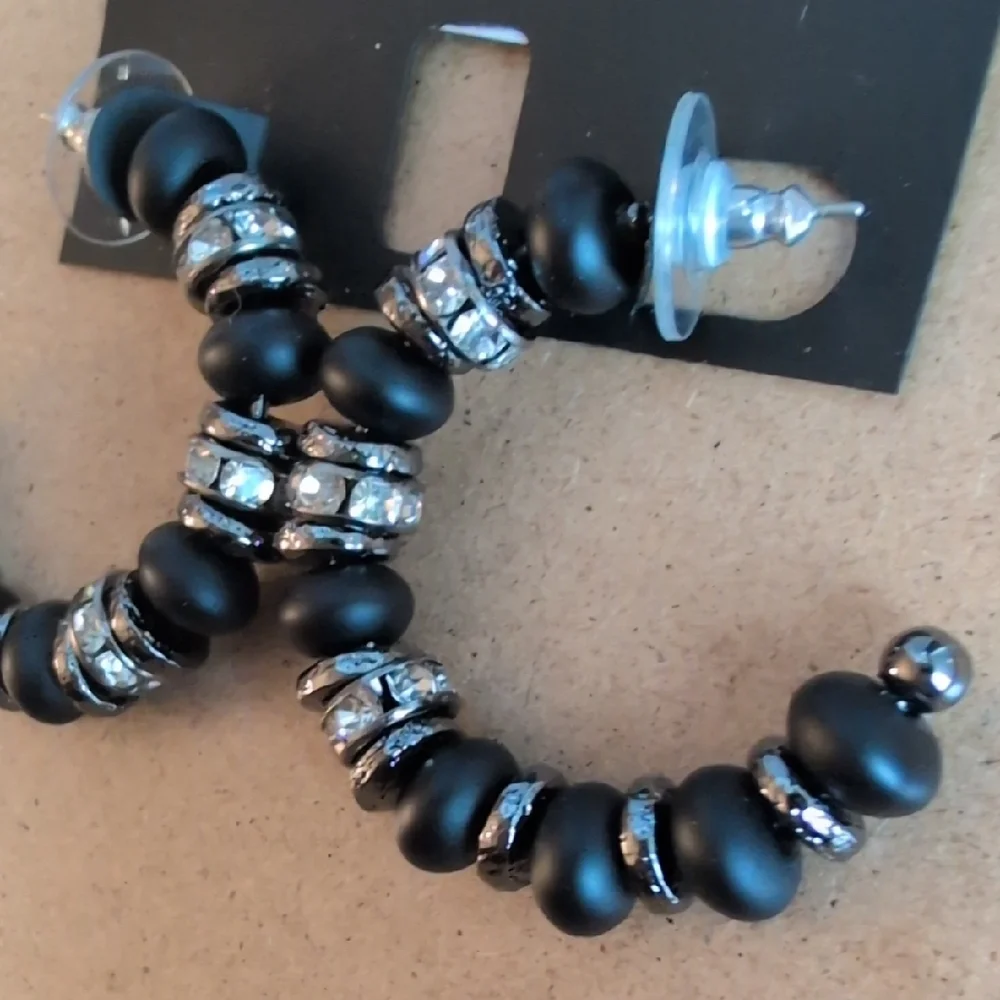 INC International Concepts Black Beaded Hoop Earrings with Rhinestone Spacers